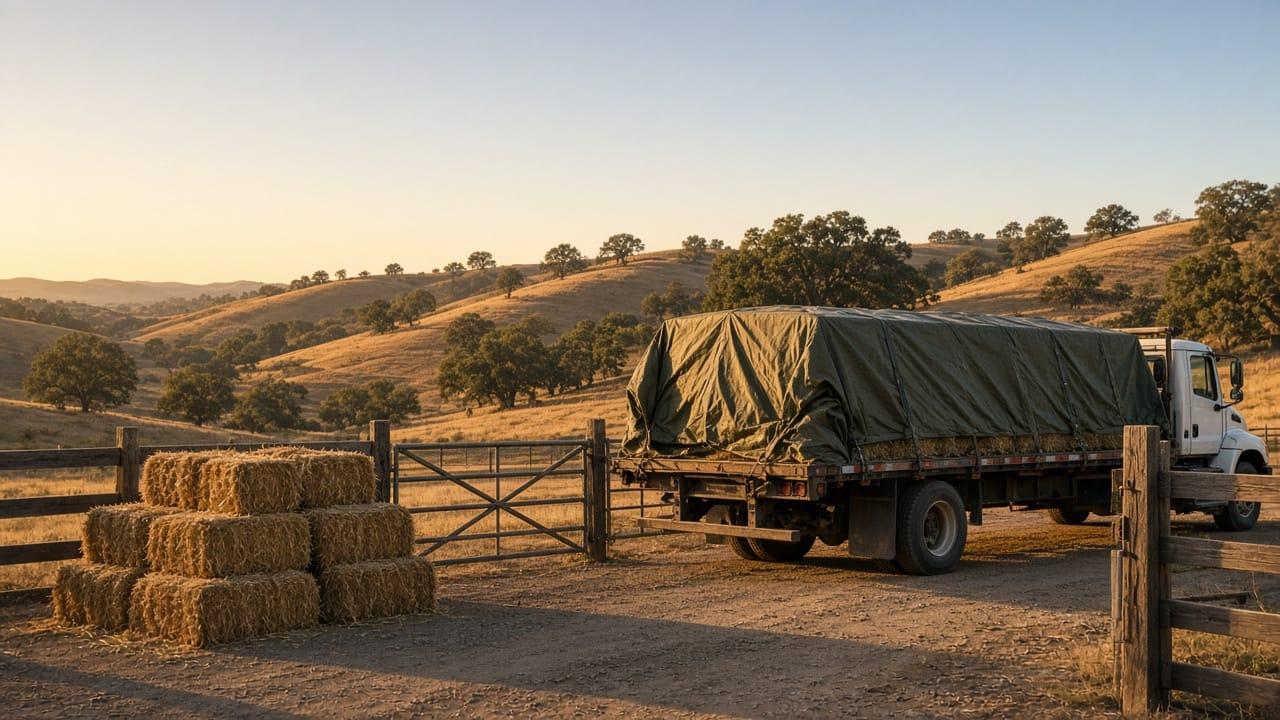 Hay bales on a flatbed trailer in a California pasture at golden hour